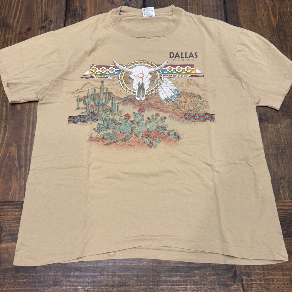 Vintage Anvil Dallas Texas Graphic T-Shirt Tan XL Southwestern Steer Skull USA‎